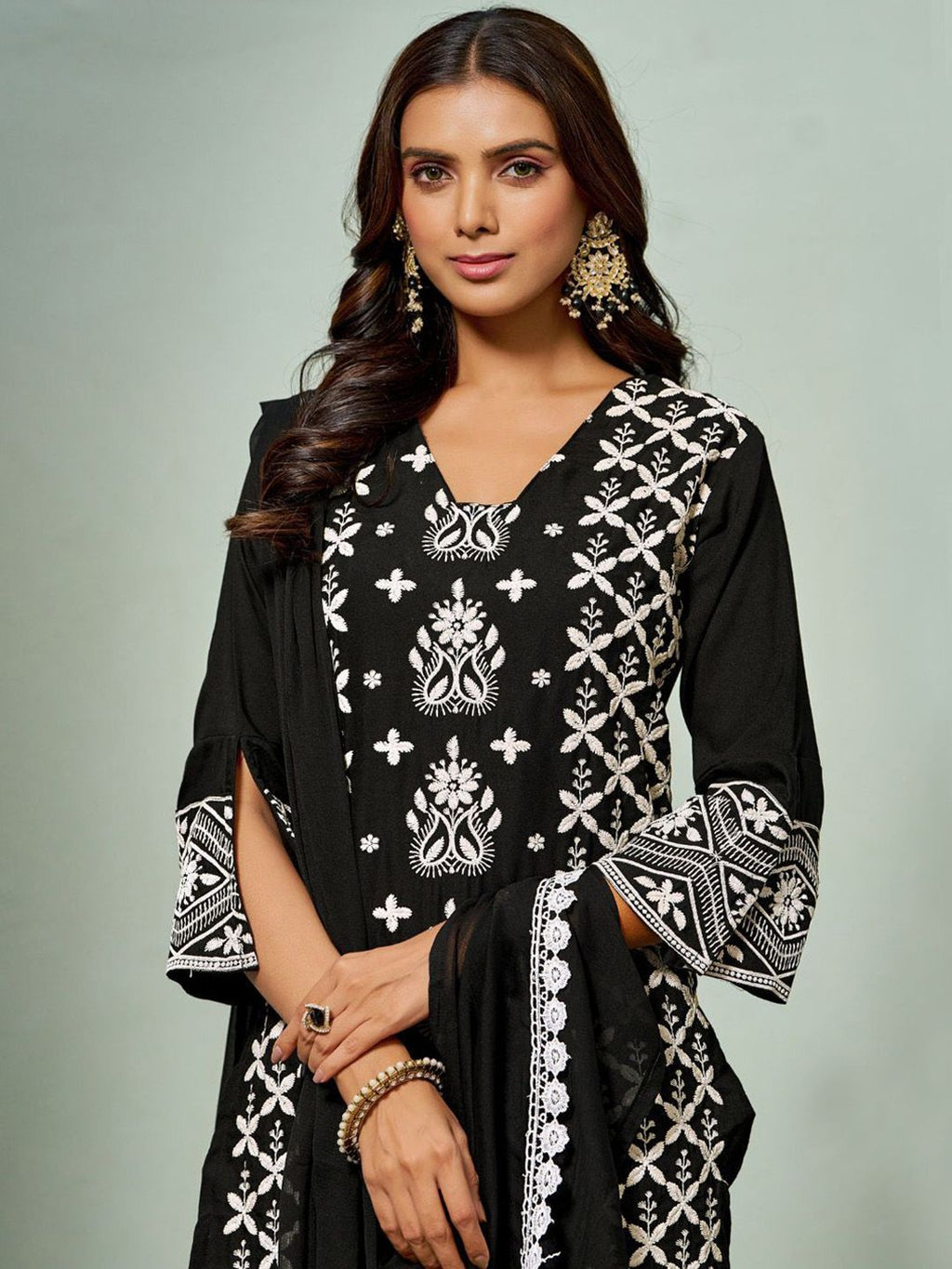 Sangria Chikankari Embroidered Straight Kurta & Trouser With Dupatta | Grocsy