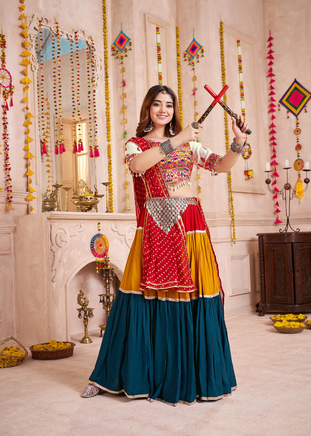 Monjolika Fashion Mirror And Kodi Work Colorful Navratri Chaniya Choli In Viscose Cotton | Grocsy