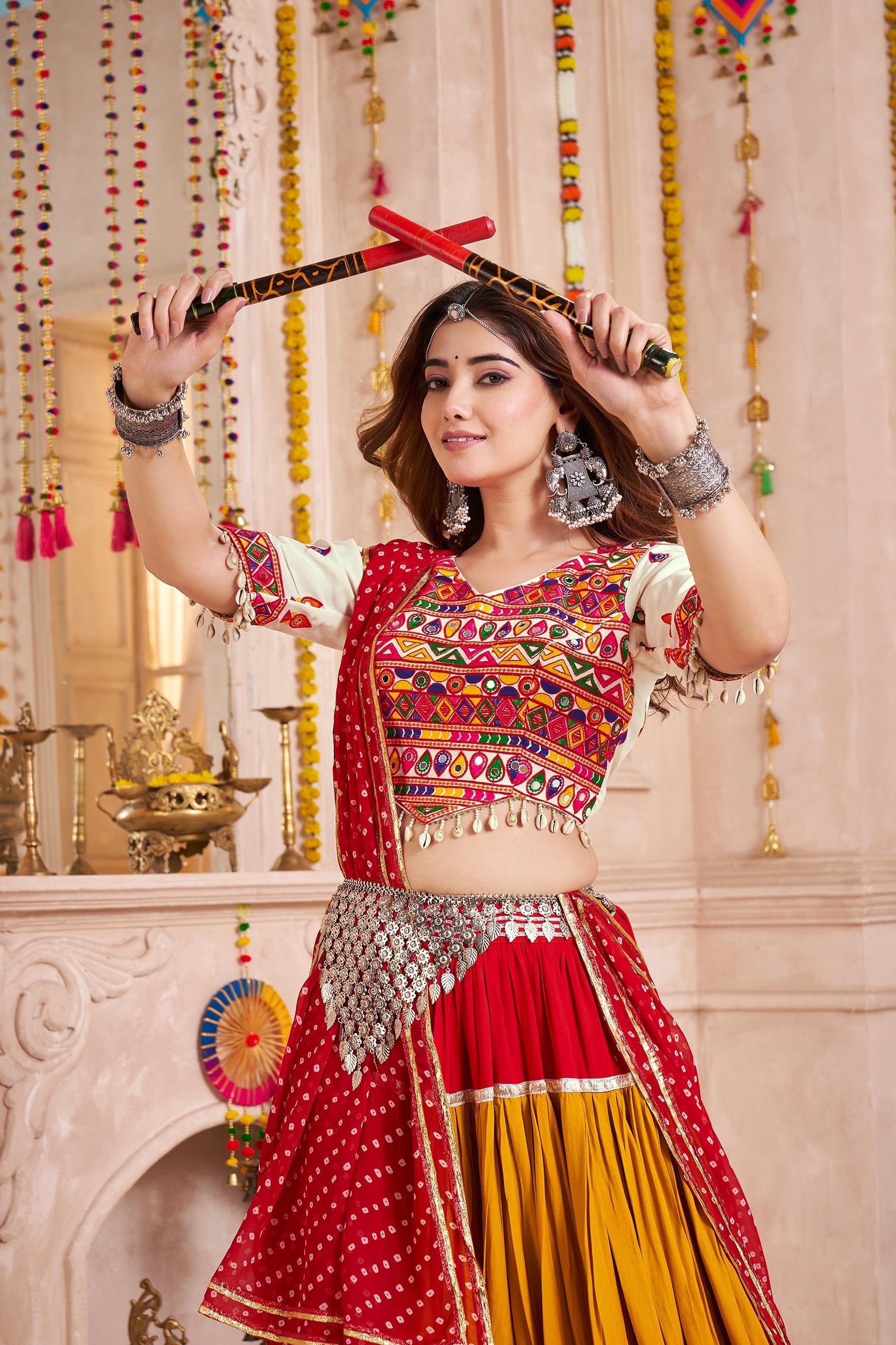 Monjolika Fashion Mirror And Kodi Work Colorful Navratri Chaniya Choli In Viscose Cotton | Grocsy