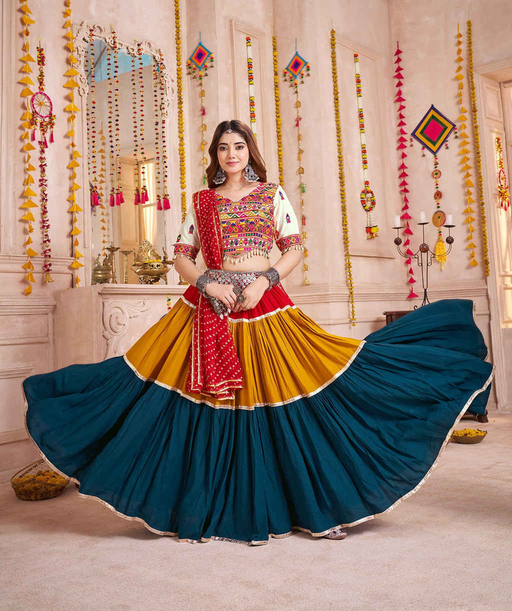 Monjolika Fashion Mirror And Kodi Work Colorful Navratri Chaniya Choli In Viscose Cotton | Grocsy