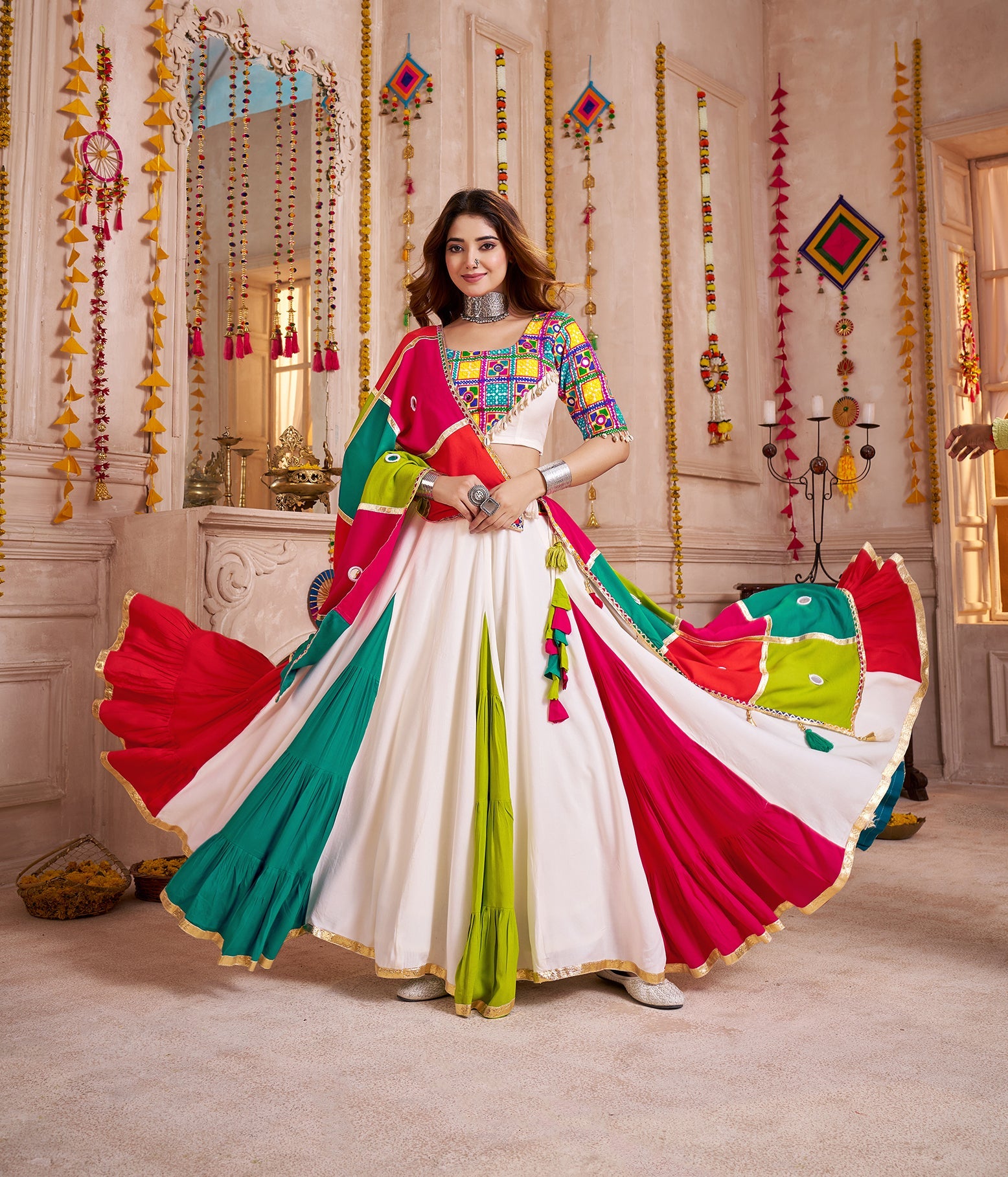 Monjolika Fashion Multi-Color Viscose Cotton Navratri Lehenga Choli Set With Mirror And Thread Work | Grocsy