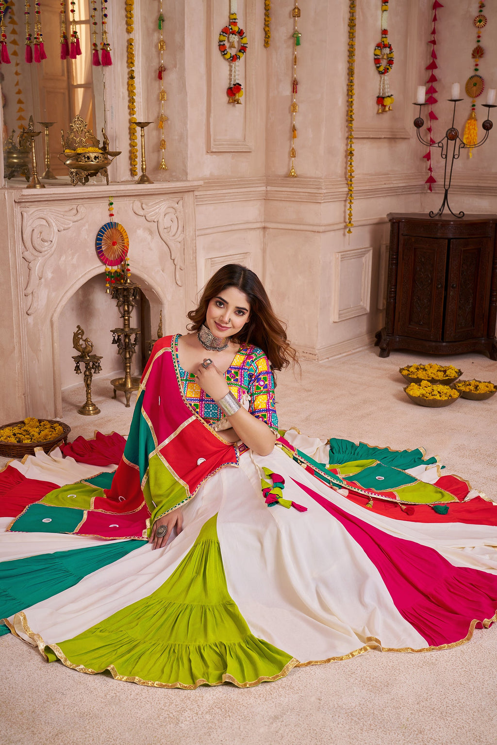Monjolika Fashion Multi-Color Viscose Cotton Navratri Lehenga Choli Set With Mirror And Thread Work | Grocsy