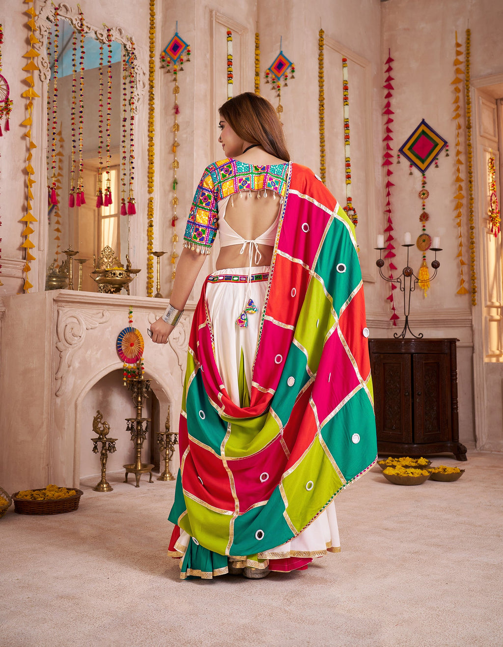 Monjolika Fashion Multi-Color Viscose Cotton Navratri Lehenga Choli Set With Mirror And Thread Work | Grocsy