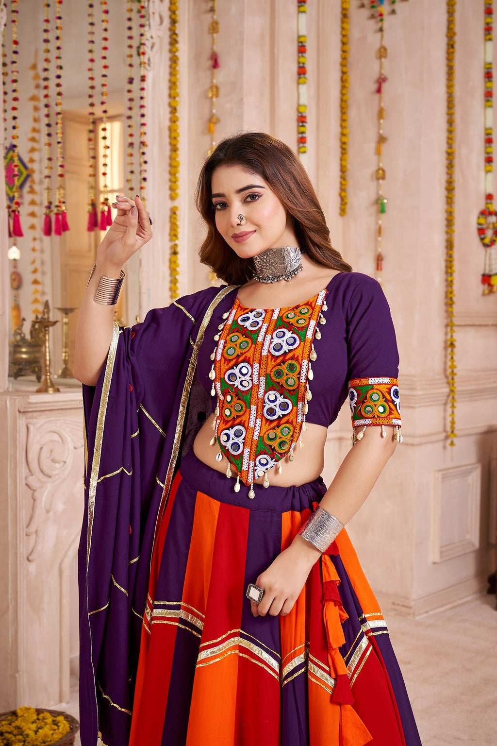 Monjolika Fashion Colorful Viscose Cotton Navratri Lehenga With Thread, Mirror & Kodi Work | Grocsy
