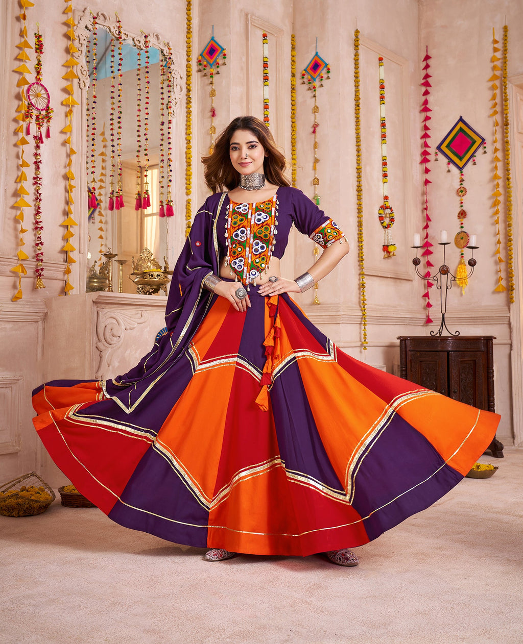 Monjolika Fashion Colorful Viscose Cotton Navratri Lehenga With Thread, Mirror & Kodi Work | Grocsy