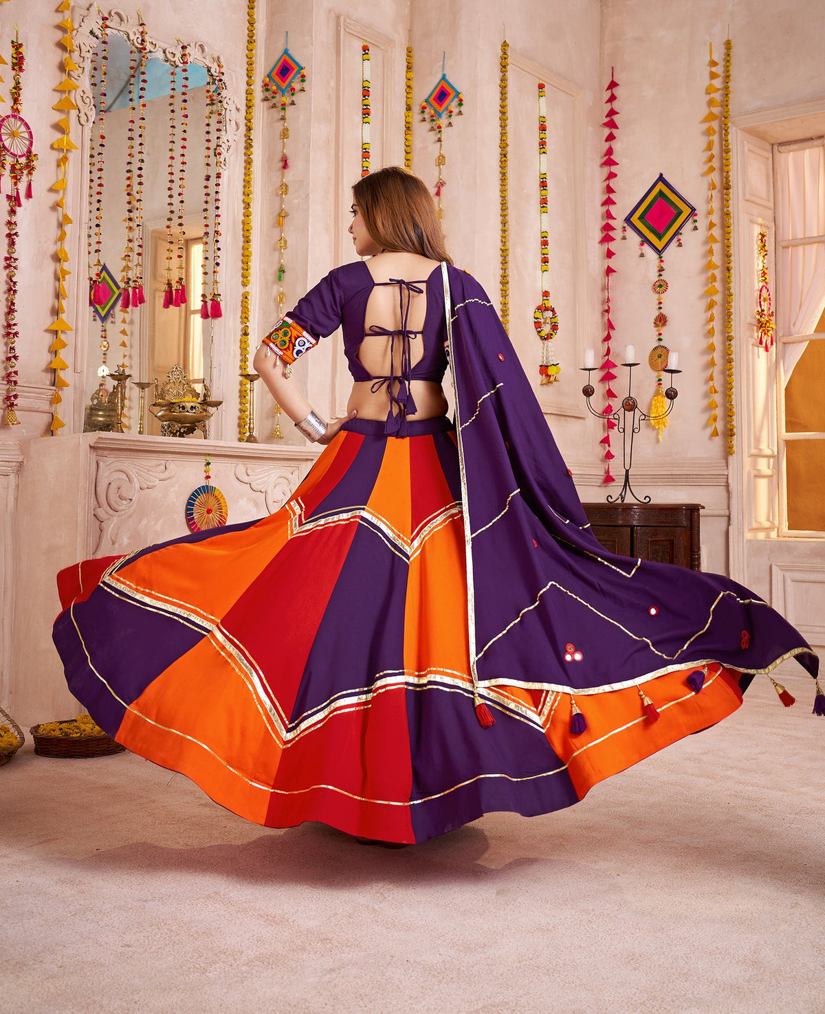 Monjolika Fashion Colorful Viscose Cotton Navratri Lehenga With Thread, Mirror & Kodi Work | Grocsy