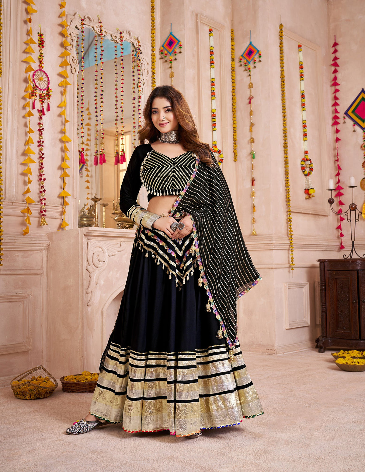 Monjolika Fashion Black Designer Viscose Cotton Navratri Chaniya Choli Set | Grocsy