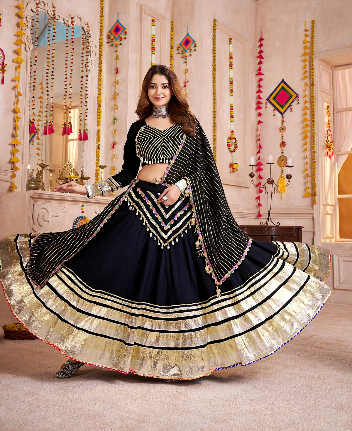 Monjolika Fashion Black Designer Viscose Cotton Navratri Chaniya Choli Set | Grocsy