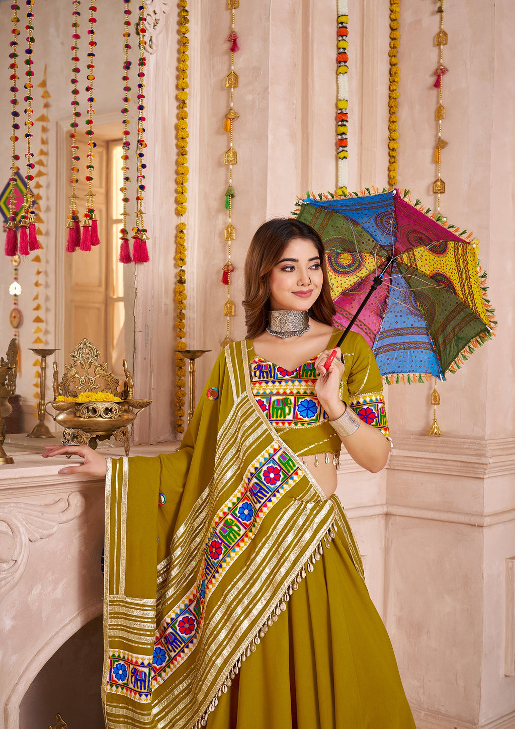 Monjolika Fashion Olive Green Viscose Cotton Navratri Style Chaniya Choli Set | Grocsy