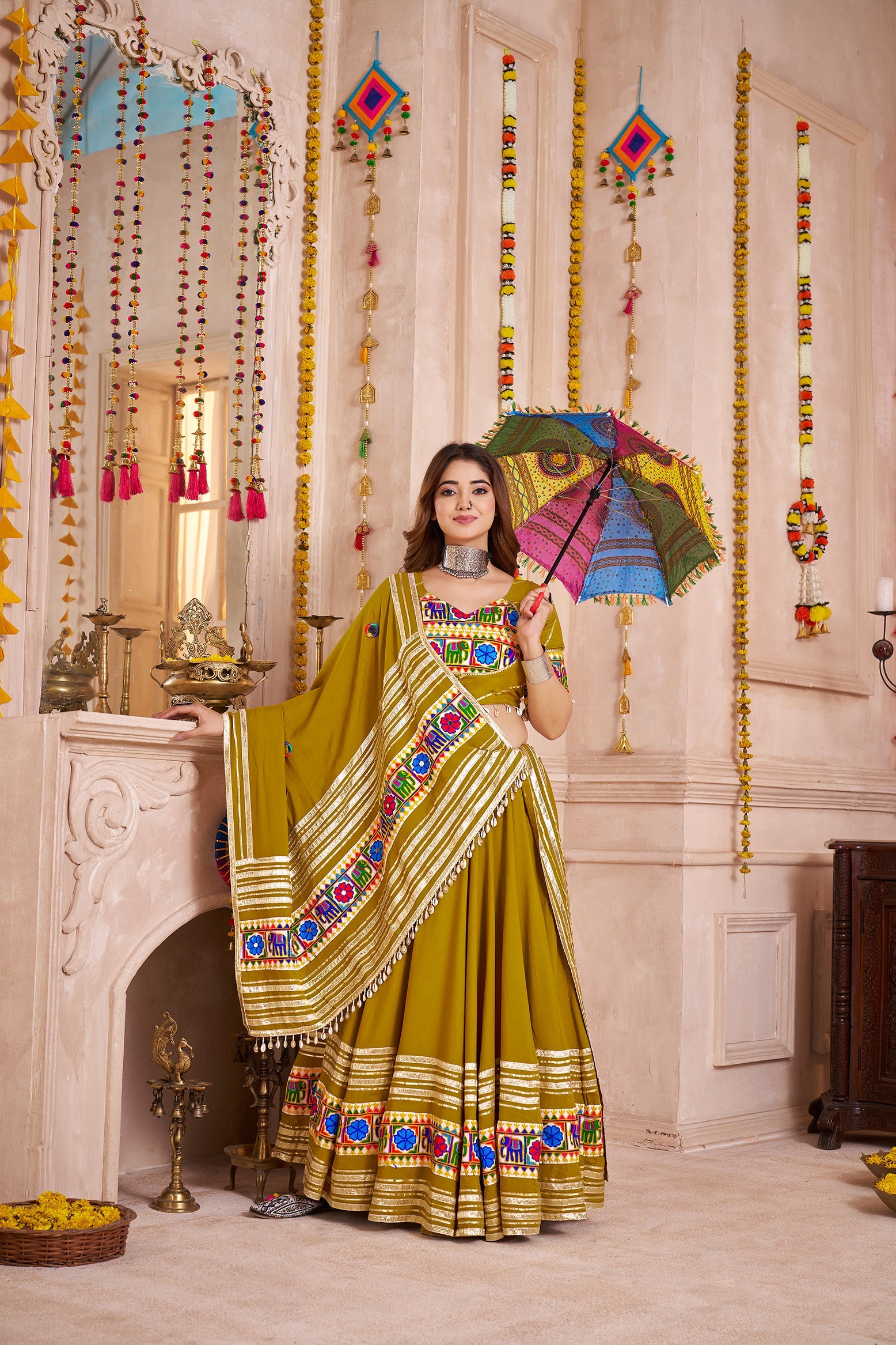 Monjolika Fashion Olive Green Viscose Cotton Navratri Style Chaniya Choli Set | Grocsy
