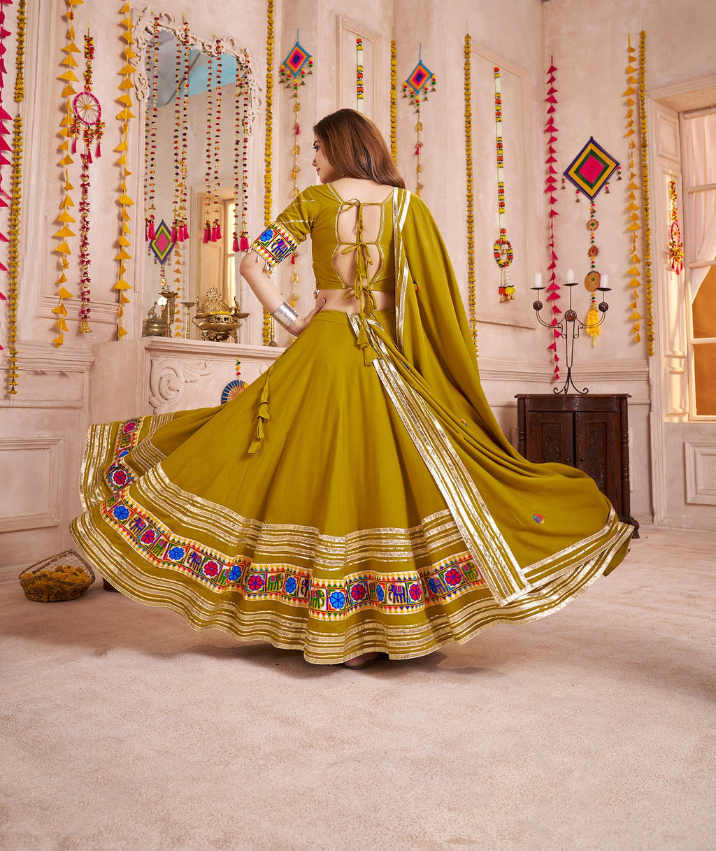 Monjolika Fashion Olive Green Viscose Cotton Navratri Style Chaniya Choli Set | Grocsy