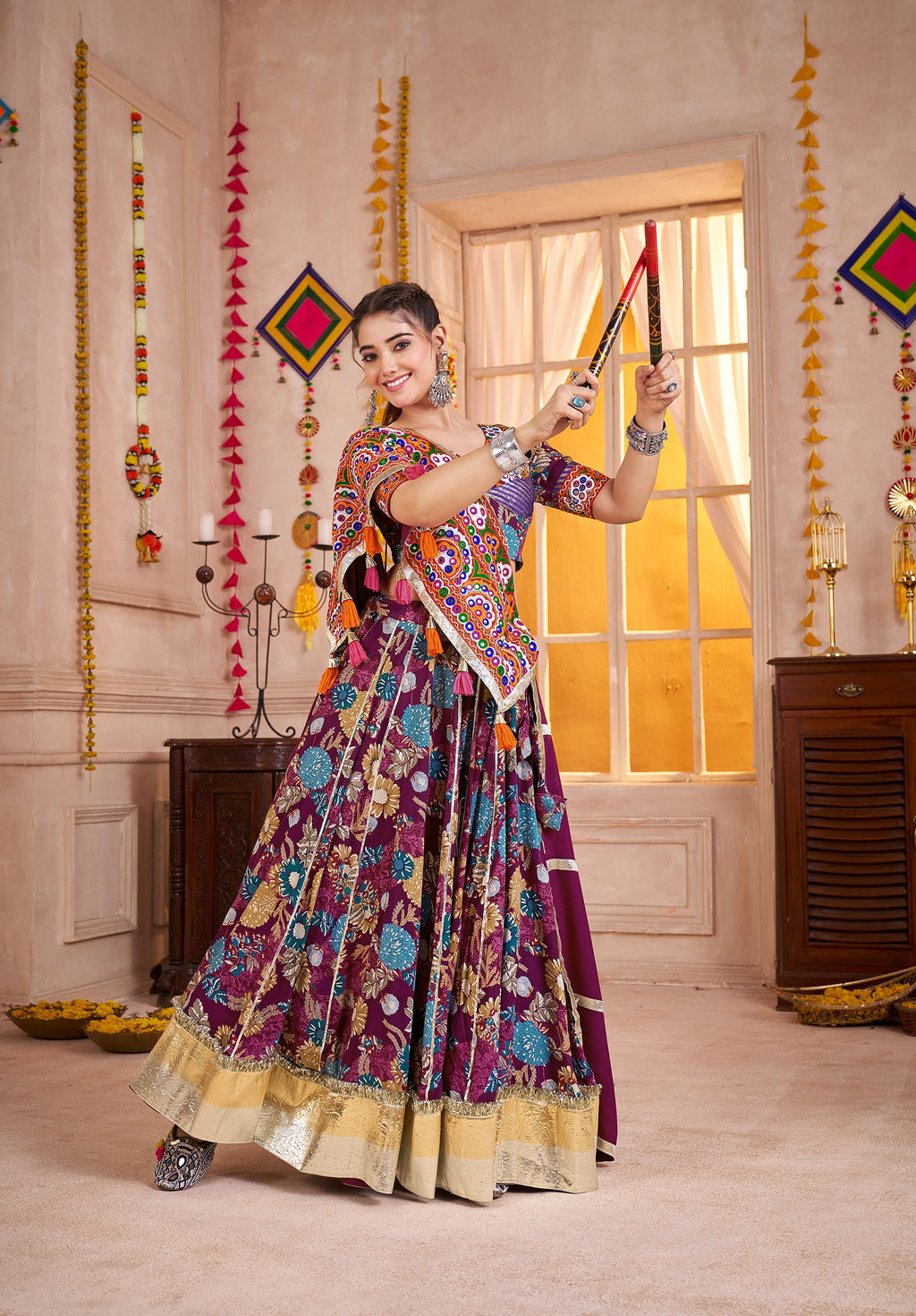Monjolika Fashion Purple Kutchi Mirror Work Navratri Lehenga Choli | Grocsy