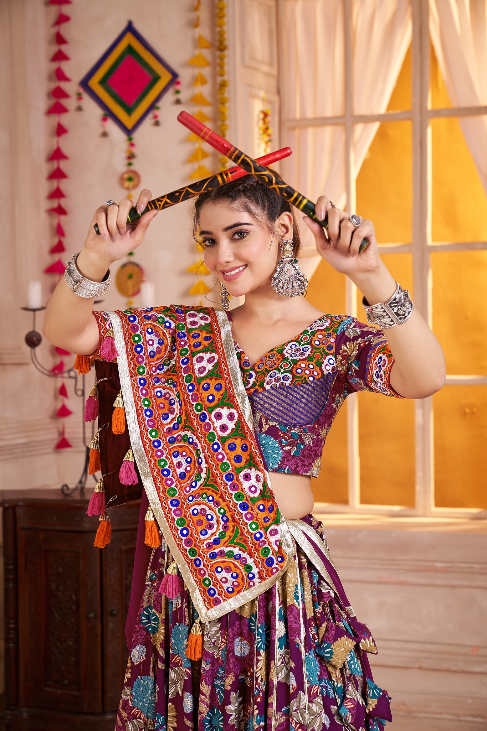 Monjolika Fashion Purple Kutchi Mirror Work Navratri Lehenga Choli | Grocsy