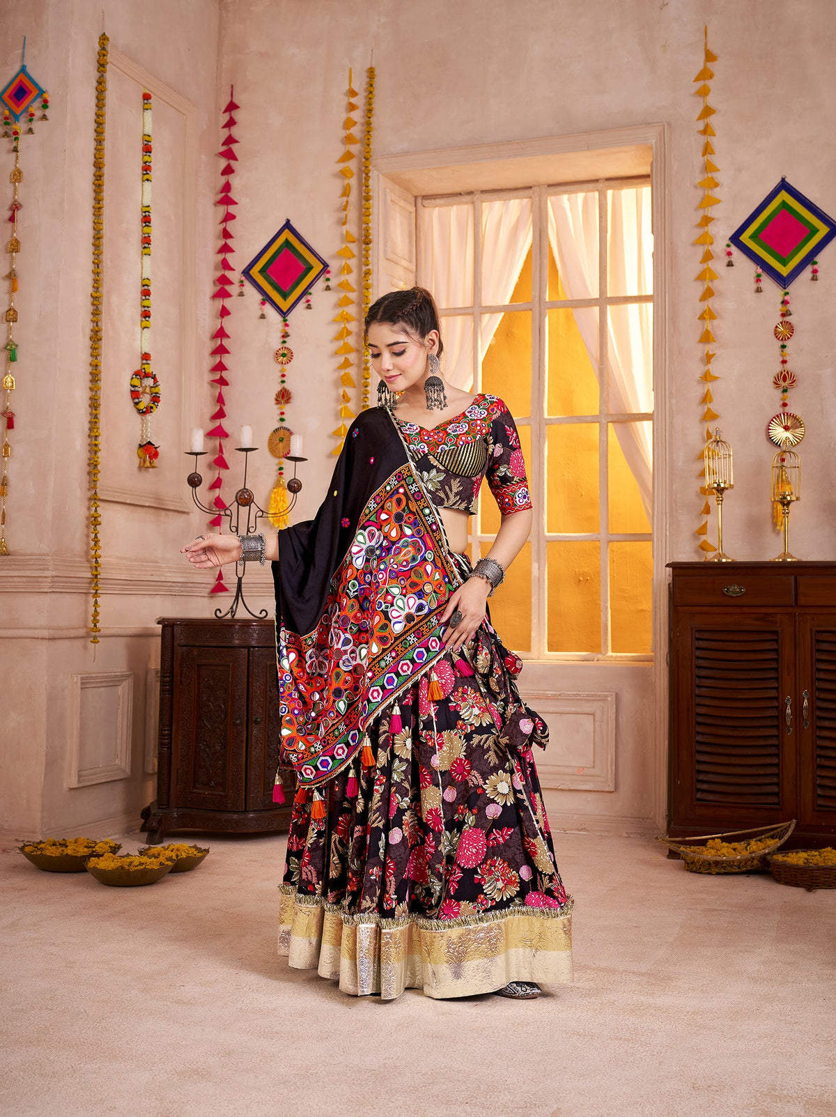 Monjolika Fashion Black Viscose Cotton Navratri Lehenga Choli With Kutchi Patch & Mirror Work | Grocsy
