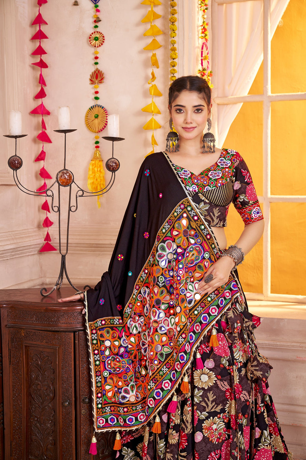 Monjolika Fashion Black Viscose Cotton Navratri Lehenga Choli With Kutchi Patch & Mirror Work | Grocsy