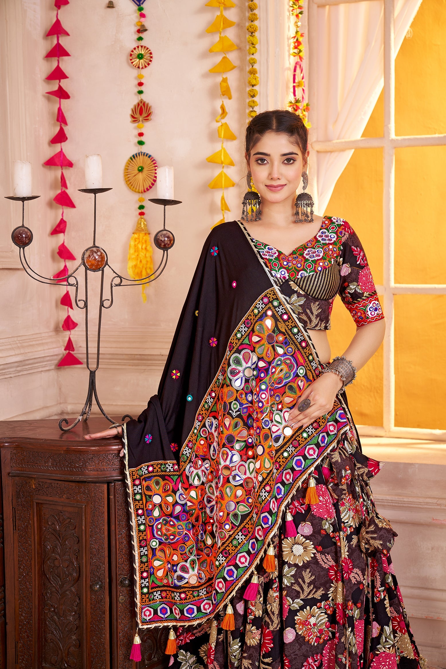 Monjolika Fashion Black Viscose Cotton Navratri Lehenga Choli With Kutchi Patch & Mirror Work | Grocsy