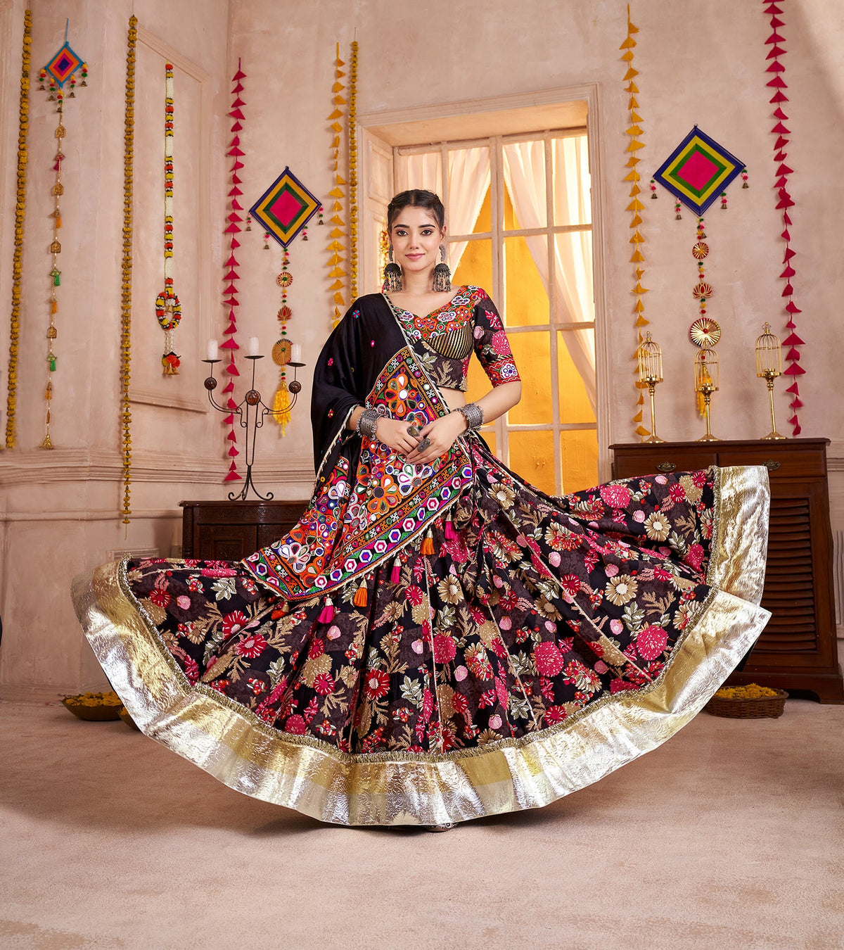 Monjolika Fashion Black Viscose Cotton Navratri Lehenga Choli With Kutchi Patch & Mirror Work | Grocsy