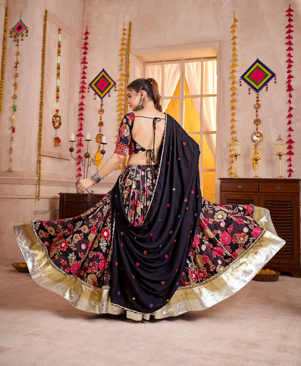 Monjolika Fashion Black Viscose Cotton Navratri Lehenga Choli With Kutchi Patch & Mirror Work | Grocsy
