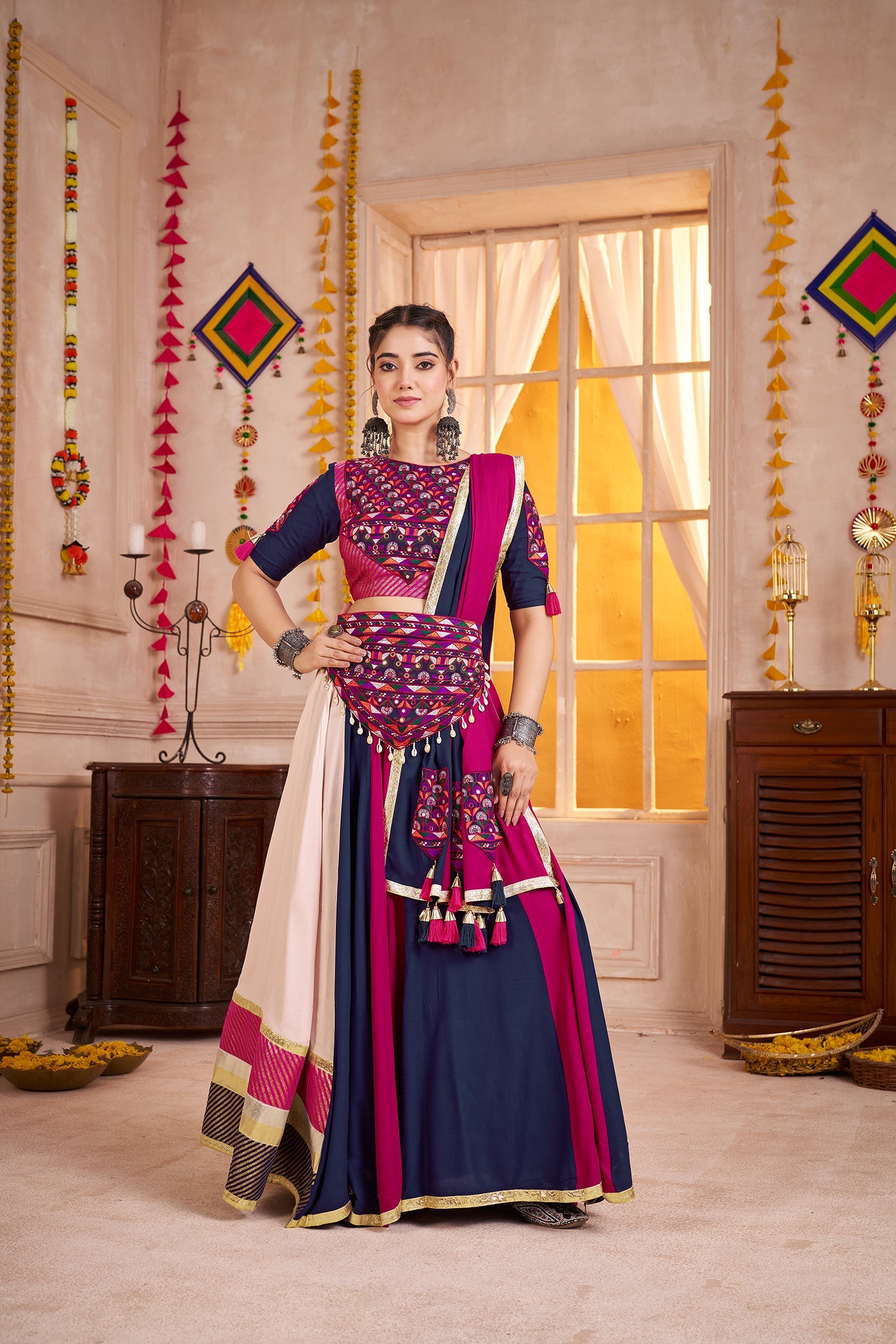 Monjolika Fashion Viscose Cotton Multi-Color Embroidery Navratri Lehenga Choli | Grocsy