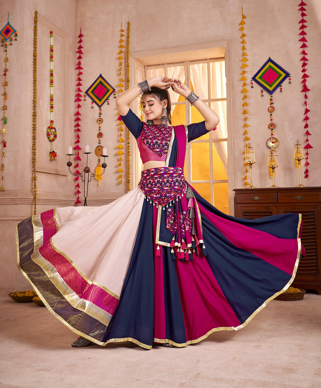 Monjolika Fashion Viscose Cotton Multi-Color Embroidery Navratri Lehenga Choli | Grocsy