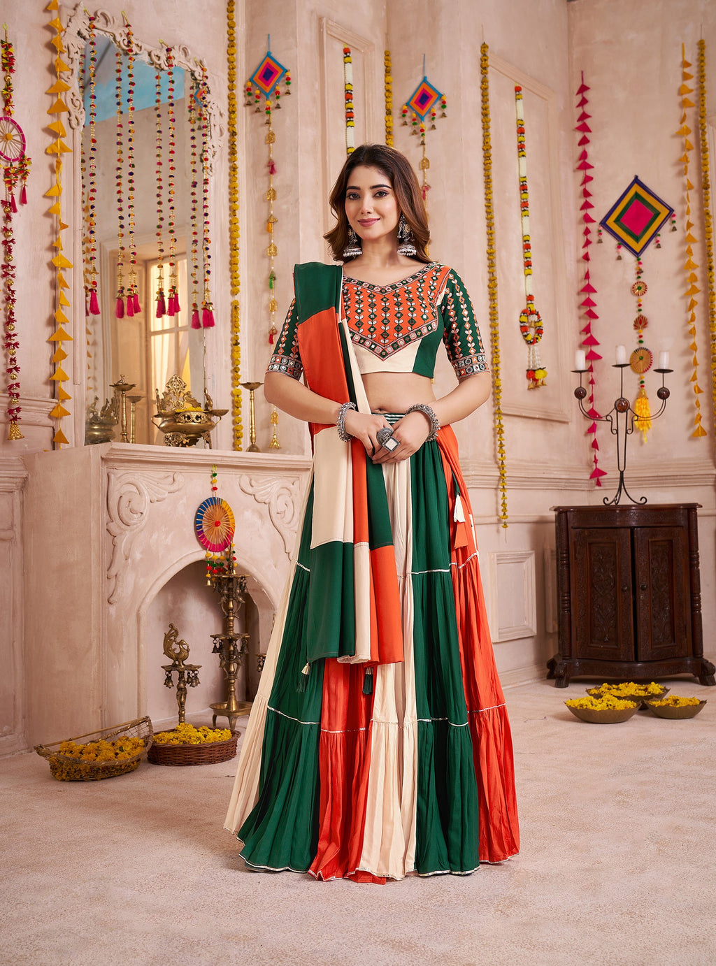 Monjolika Fashion Colorful Viscose Cotton Navratri Chaniya Choli With Kutchi Patch & Mirror Work | Grocsy