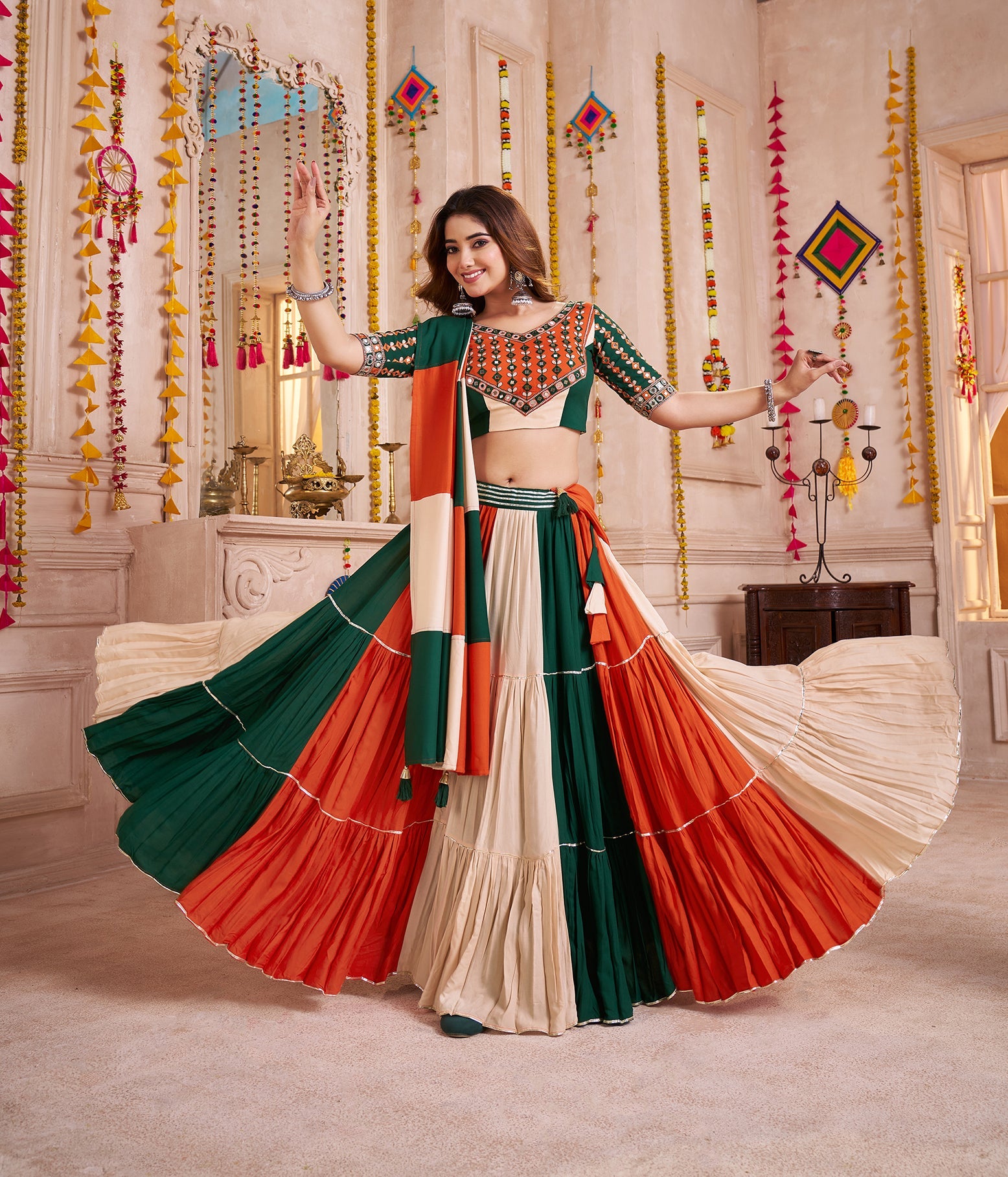 Monjolika Fashion Colorful Viscose Cotton Navratri Chaniya Choli With Kutchi Patch & Mirror Work | Grocsy
