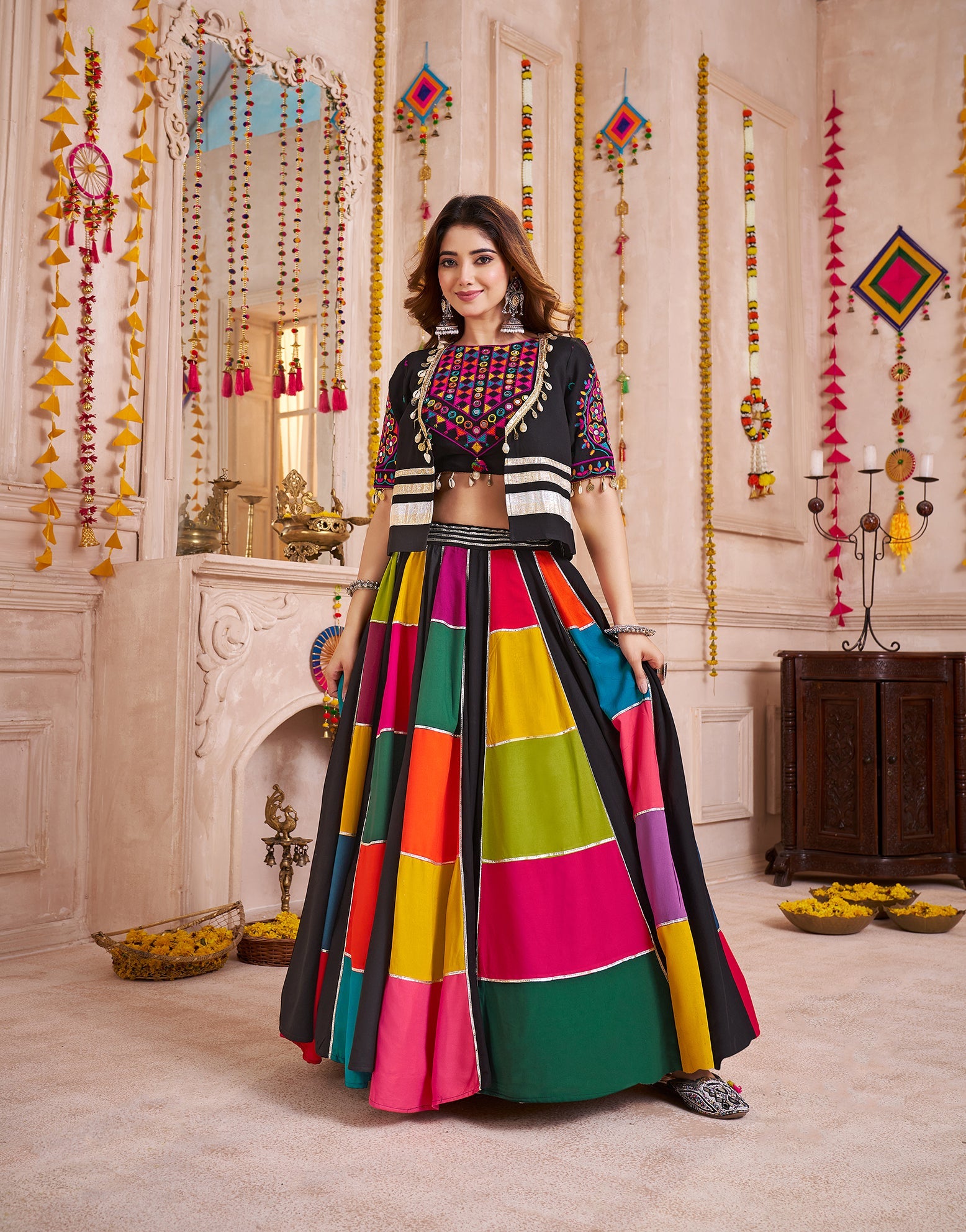 Monjolika Fashion Multicolor Viscose Cotton Navratri Chaniya Choli With Kutchi And Patch Work Jacket | Grocsy