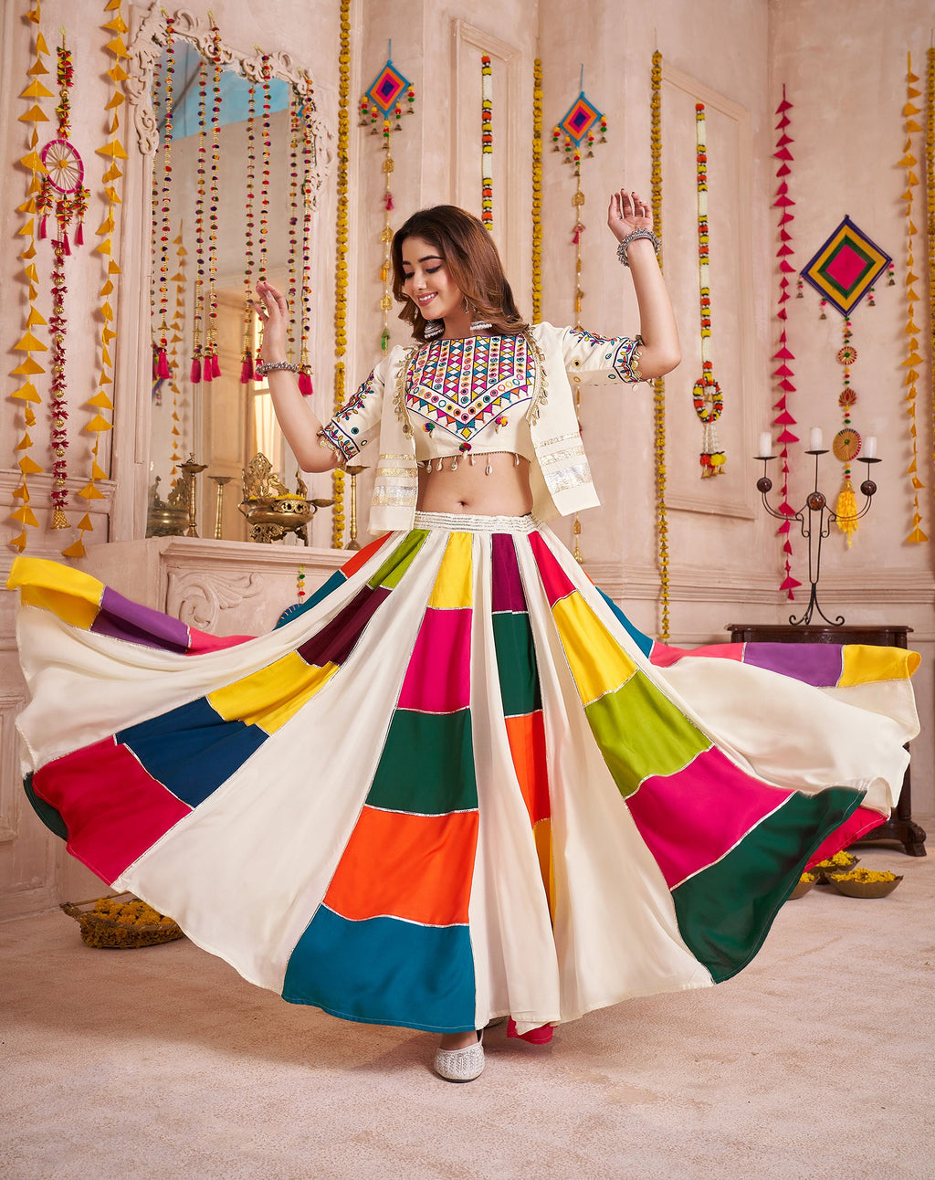Monjolika Fashion Multicolor Viscose Cotton Navratri Chaniya Choli With Kutchi And Mirror Work Jacket | Grocsy