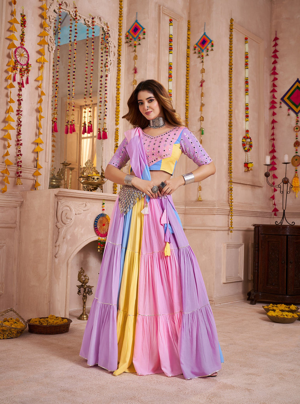 Monjolika Fashion Multicolor Viscose Cotton Navratri Chaniya Choli With Mirror Work | Grocsy