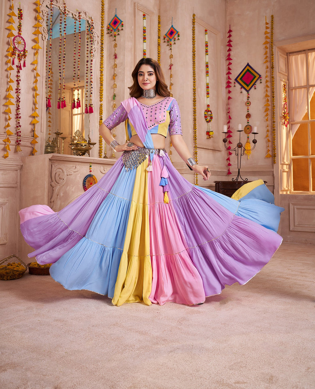 Monjolika Fashion Multicolor Viscose Cotton Navratri Chaniya Choli With Mirror Work | Grocsy
