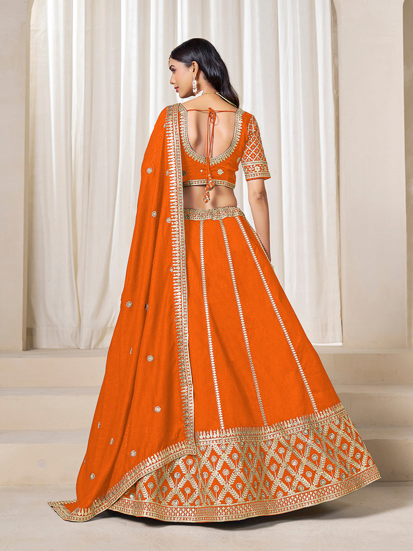 Monjolika Fashion Orange Art Silk Wedding Wear Lehenga Choli Set | Grocsy