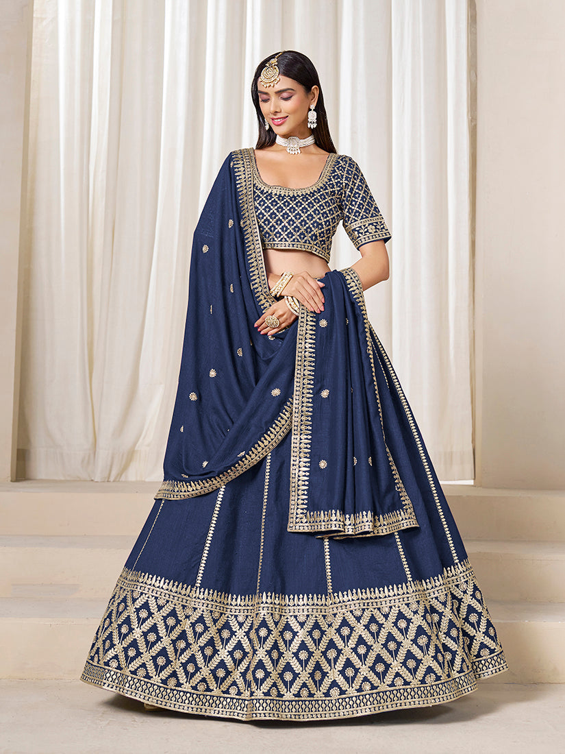 Monjolika Fashion Navy Blue Art Silk Wedding Wear Lehenga Choli Set | Grocsy
