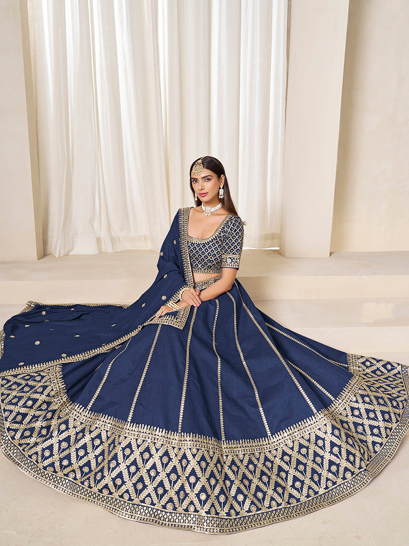 Monjolika Fashion Navy Blue Art Silk Wedding Wear Lehenga Choli Set | Grocsy