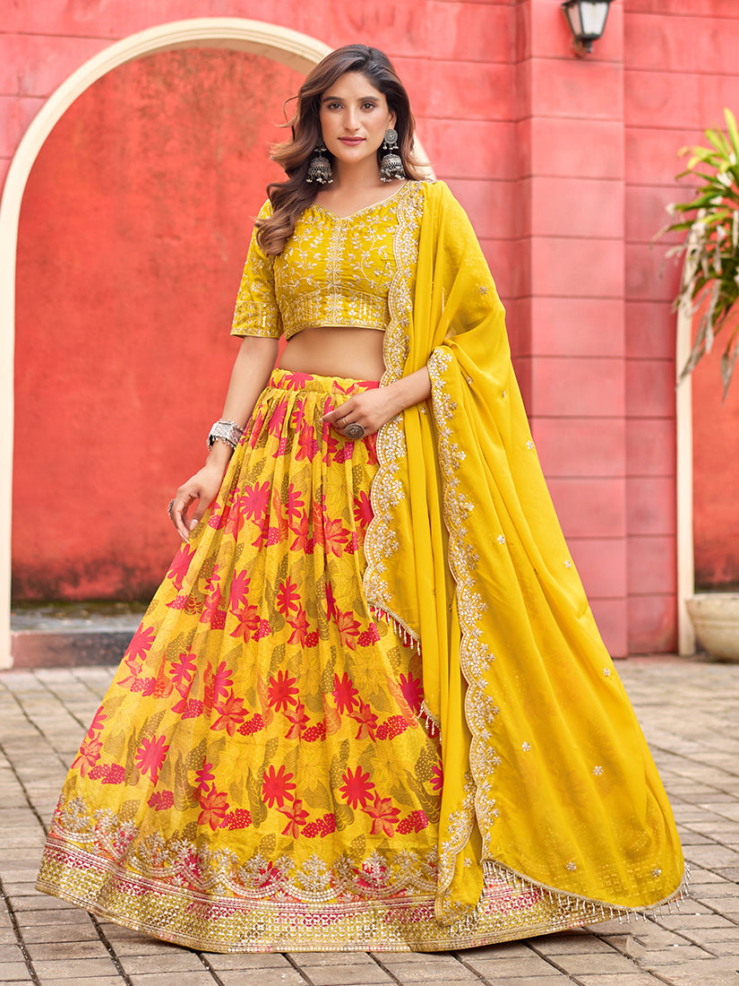Monjolika Fashion Yellow Printed Embroidered Tabby Silk Trendy Lehenga Choli | Grocsy
