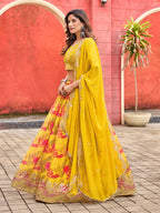 Monjolika Fashion Yellow Printed Embroidered Tabby Silk Trendy Lehenga Choli | Grocsy