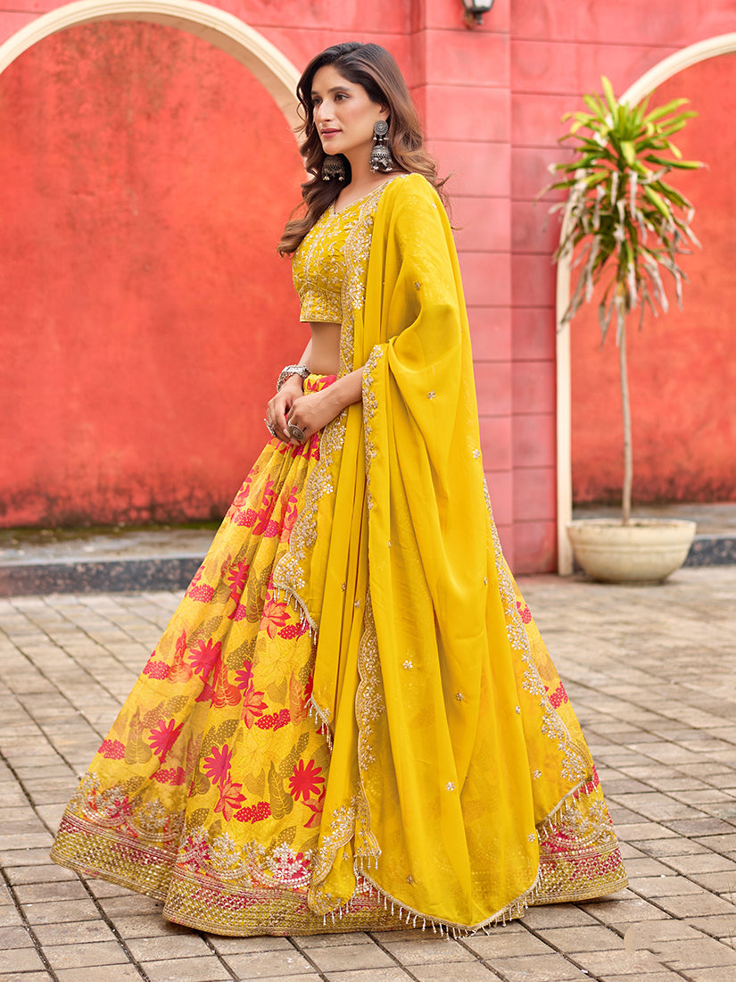 Monjolika Fashion Yellow Printed Embroidered Tabby Silk Trendy Lehenga Choli | Grocsy