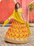 Monjolika Fashion Yellow Printed Embroidered Tabby Silk Trendy Lehenga Choli | Grocsy
