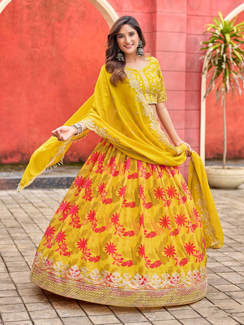 Monjolika Fashion Yellow Printed Embroidered Tabby Silk Trendy Lehenga Choli | Grocsy