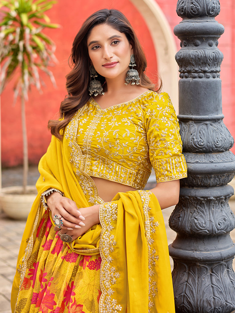 Monjolika Fashion Yellow Printed Embroidered Tabby Silk Trendy Lehenga Choli | Grocsy