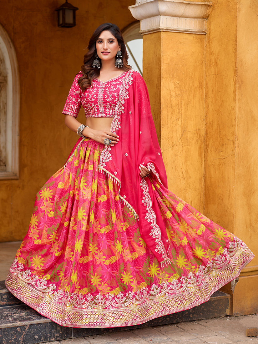 Monjolika Fashion Hot Pink Printed Embroidered Tabby Silk Trendy Lehenga Choli | Grocsy
