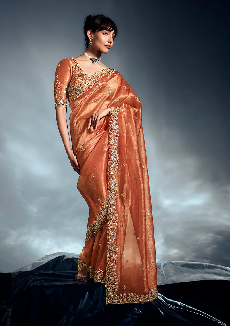 Monjolika Fashion Orange Tissue Organza Saree With Moti, Cutdana & Sequins Work | Grocsy