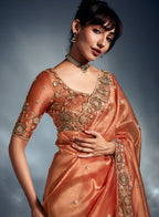Monjolika Fashion Orange Tissue Organza Saree With Moti, Cutdana & Sequins Work | Grocsy