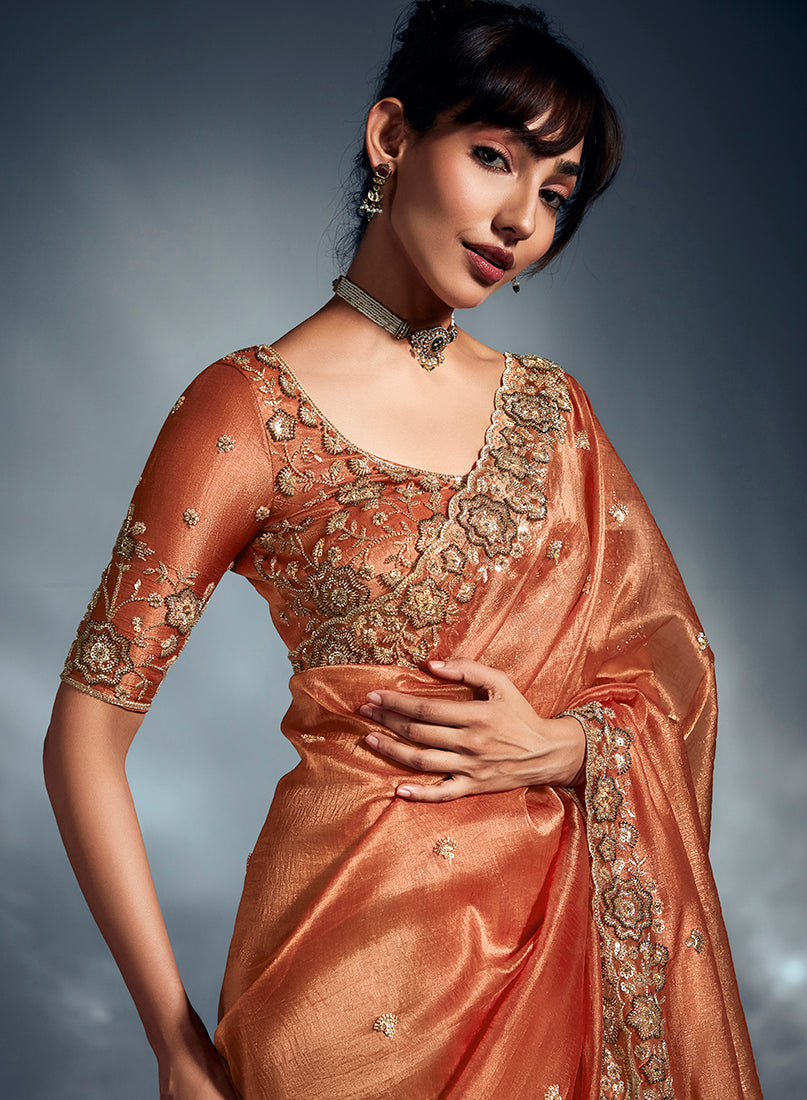 Monjolika Fashion Orange Tissue Organza Saree With Moti, Cutdana & Sequins Work | Grocsy