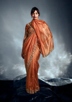 Monjolika Fashion Orange Tissue Organza Saree With Moti, Cutdana & Sequins Work | Grocsy