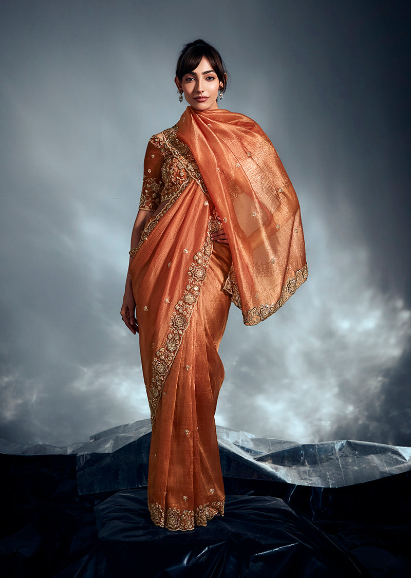 Monjolika Fashion Orange Tissue Organza Saree With Moti, Cutdana & Sequins Work | Grocsy