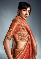 Monjolika Fashion Orange Tissue Organza Saree With Moti, Cutdana & Sequins Work | Grocsy