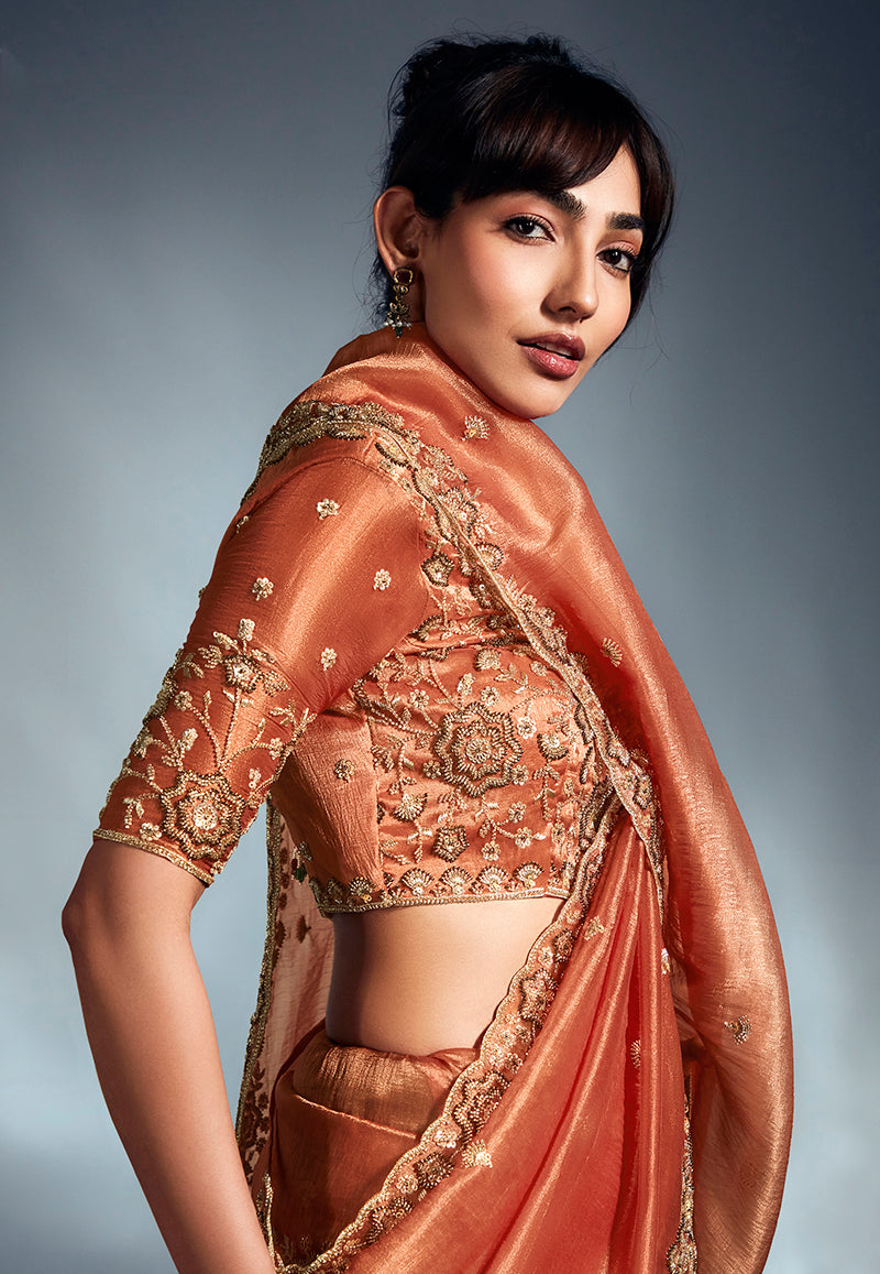 Monjolika Fashion Orange Tissue Organza Saree With Moti, Cutdana & Sequins Work | Grocsy