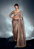 Monjolika Fashion Light Brown Tissue Organza Saree With Moti, Cutdana & Sequins Work | Grocsy