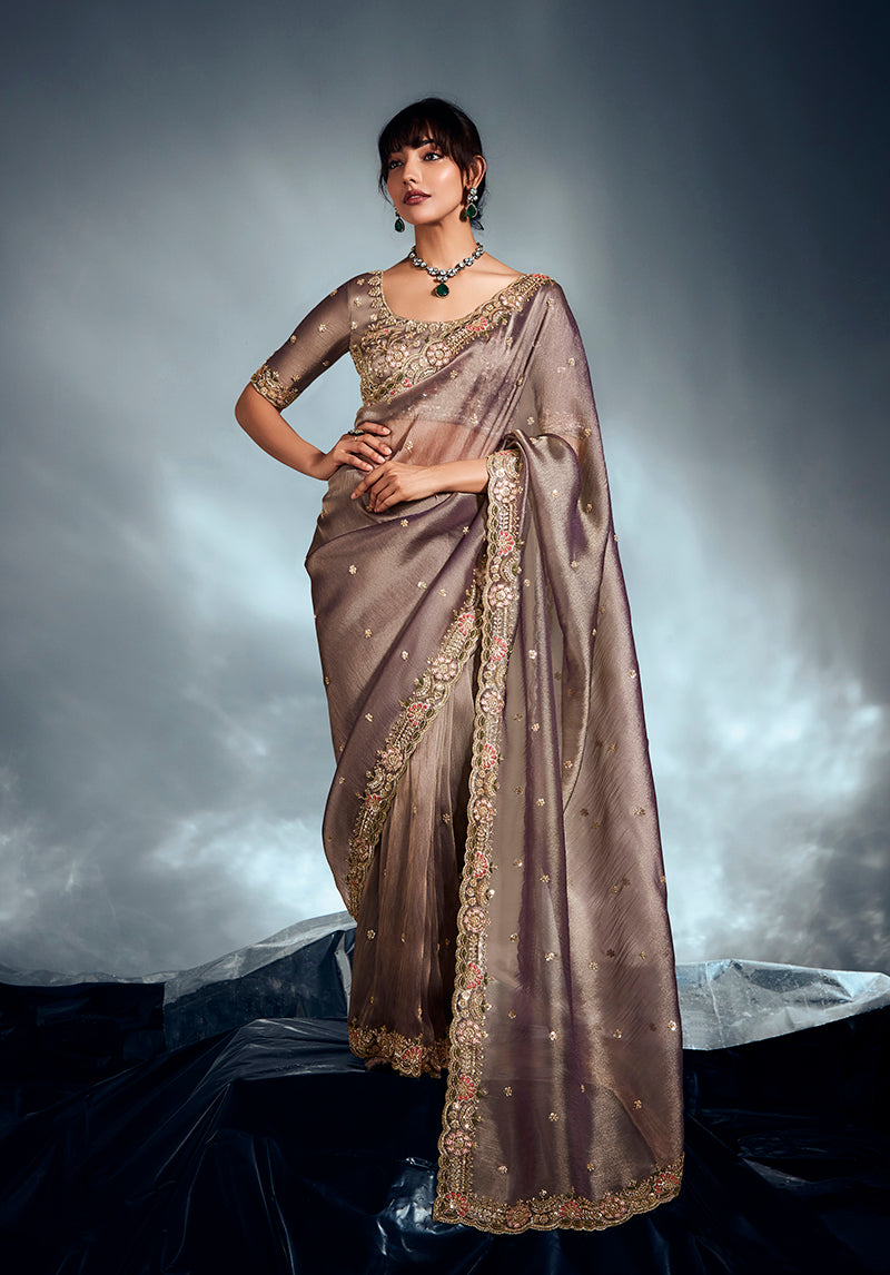 Monjolika Fashion Light Brown Tissue Organza Saree With Moti, Cutdana & Sequins Work | Grocsy