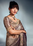 Monjolika Fashion Light Brown Tissue Organza Saree With Moti, Cutdana & Sequins Work | Grocsy